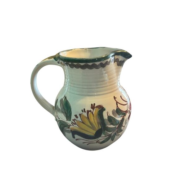 Vintage Berkshire Pottery Hand Painted Pitcher Green Flowers Handle 6" - Picture 1 of 6
